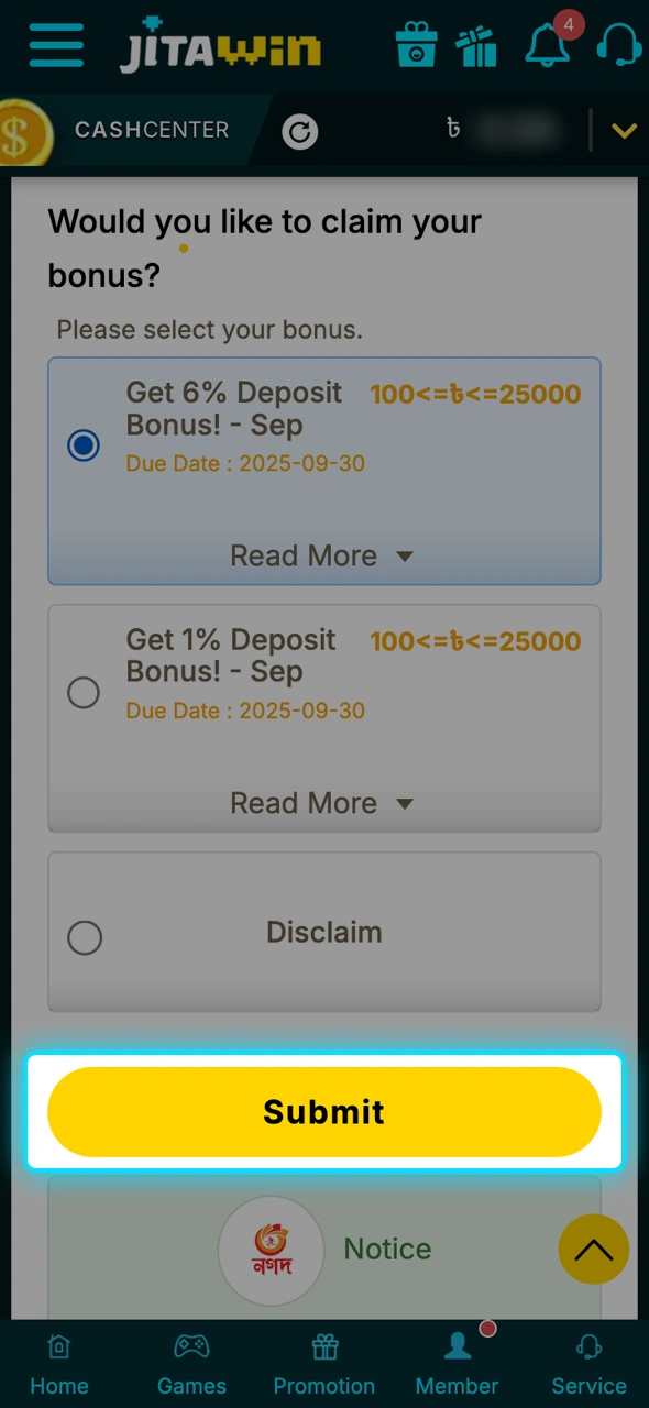 Open your JitaWin wallet and confirm that funds were added successfully.