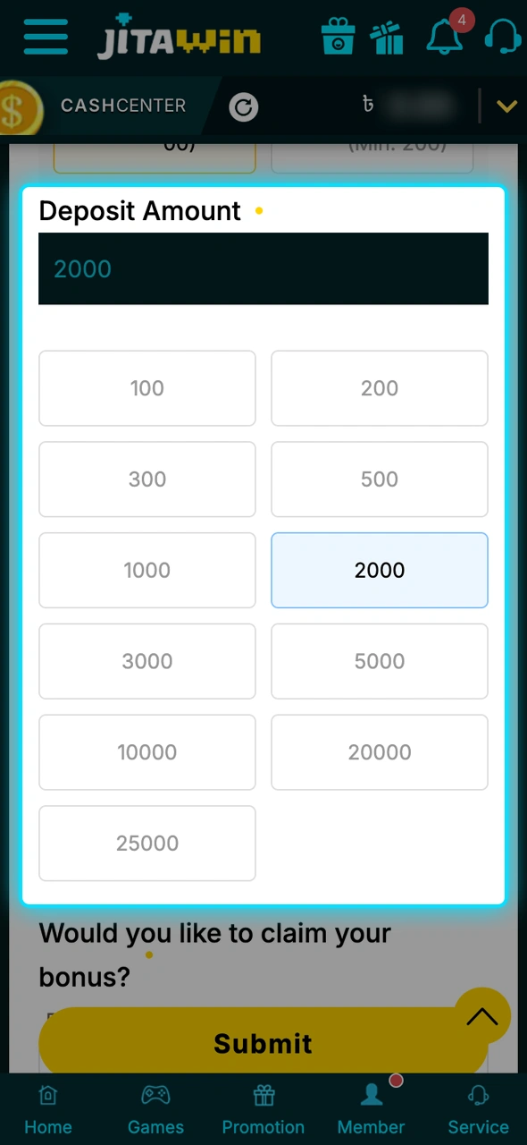 Learn how to add funds to JitaWin by typing in your desired amount.