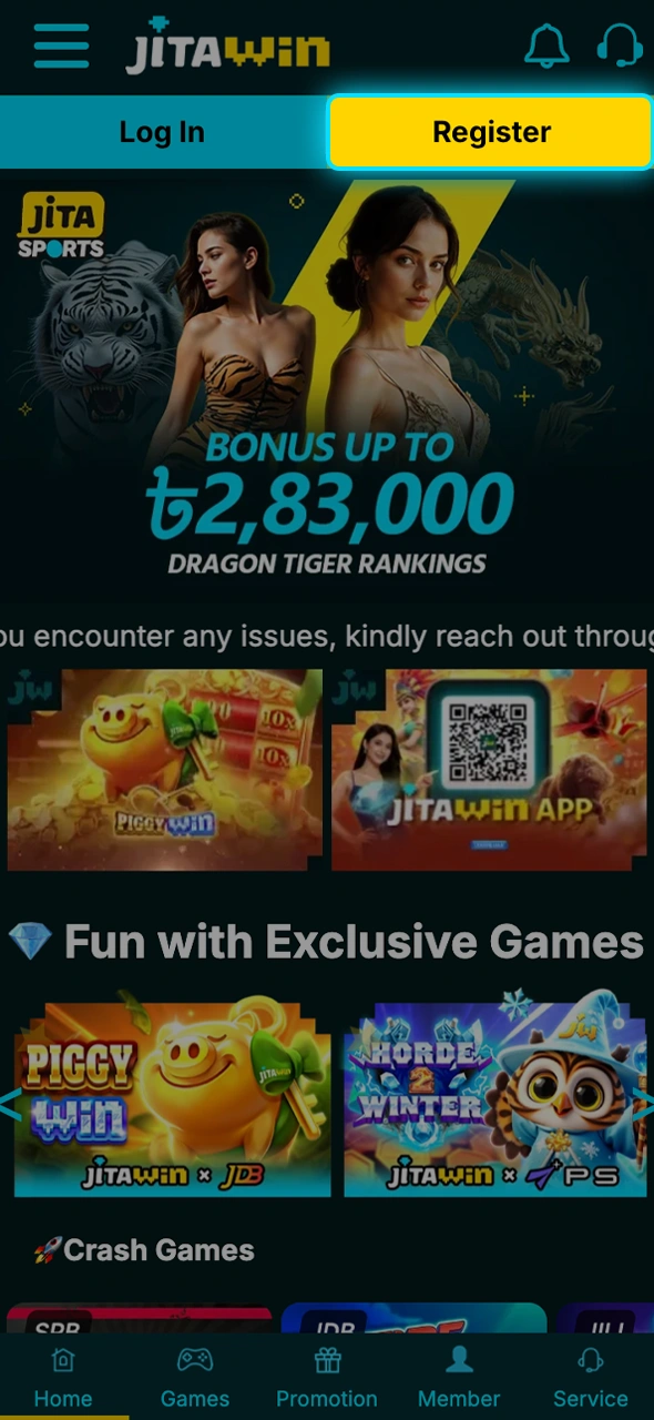 Start your JitaWin sign-up by clicking Register.