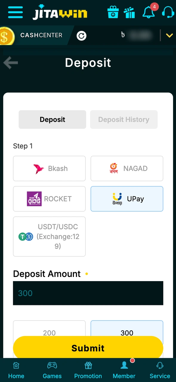 Make your first secure deposit on JitaWin easily.