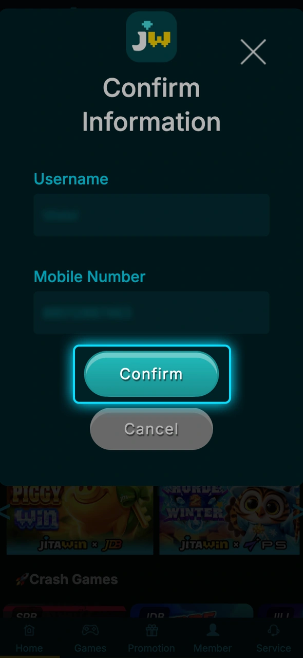 Confirm your data to complete JitaWin account setup.